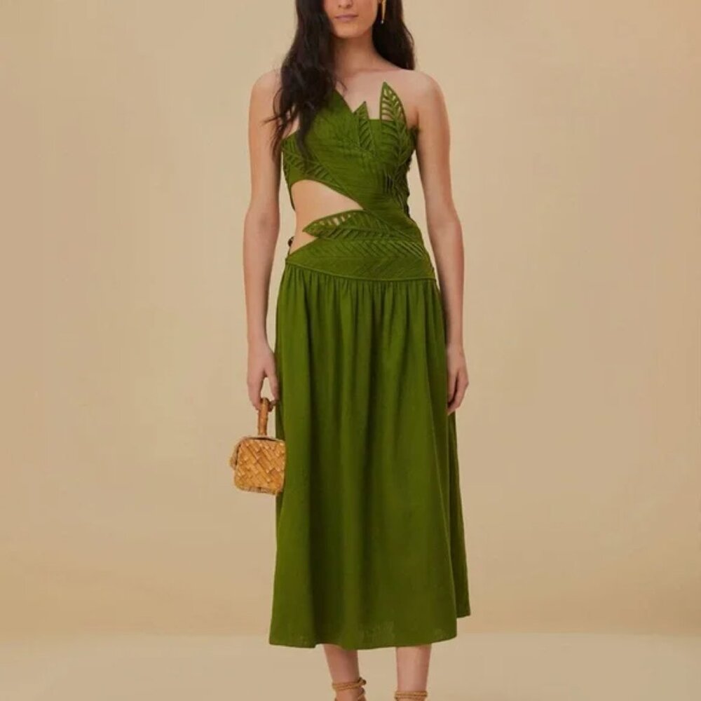 Farm Rio Green Leaves Cut Out Midi Dress, Large